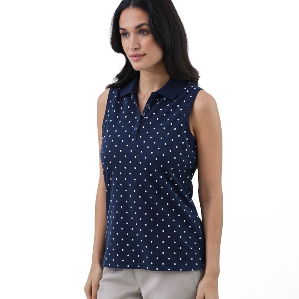 CHAPS Womens Sleeveless Polo Shirt Size XXL Navy & White Polkadots New